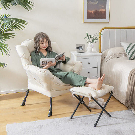 Modern Accent Sofa Chair with Folding Footrest and Side Pocket-Beige