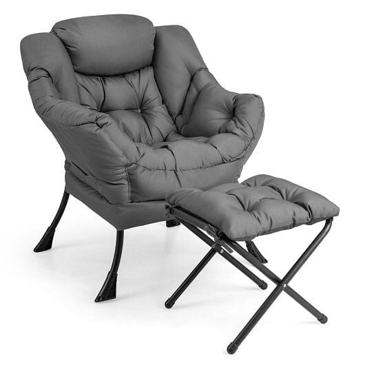 Modern Accent Sofa Chair with Folding Footrest and Side Pocket-Beige