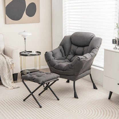 Modern Accent Sofa Chair with Folding Footrest and Side Pocket-Beige