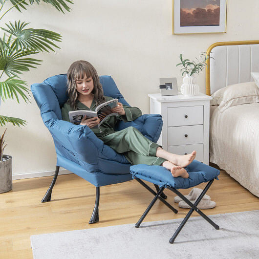 Modern Accent Sofa Chair with Folding Footrest and Side Pocket-Beige