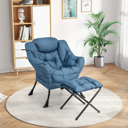 Modern Accent Sofa Chair with Folding Footrest and Side Pocket-Beige